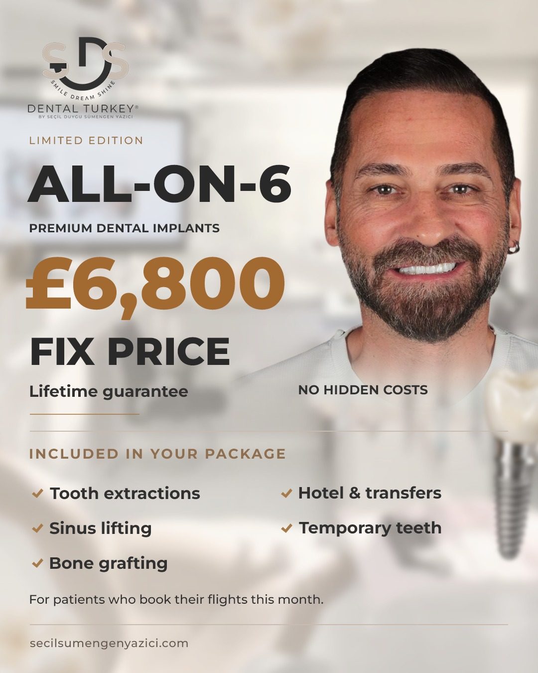 Limitiertes Angebot für All-on-6 Premium-Zahnimplantate, Festpreis 8.090 €, alles inklusive